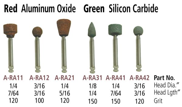 Latch Type Aluminum Oxide or Silicon Carbide Burs for Angle Head Handpieces - choice of 6