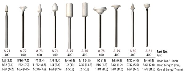 White Aluminum Oxide Mounted Points, 3/32" shanks - larger heads